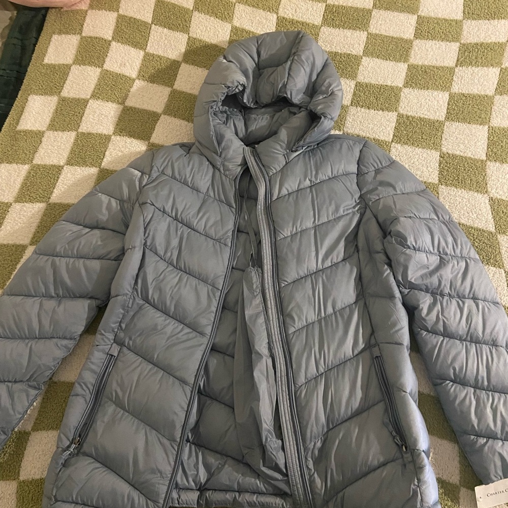 Charter Club Gray Blue Quilted Puffer Jacket with Hood
